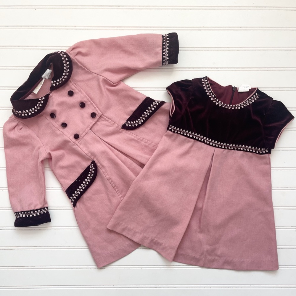 VINTAGE 90s LITTLE BITTY Christmas Dusty Rose Velvet Trimmed Dress & Coat Set